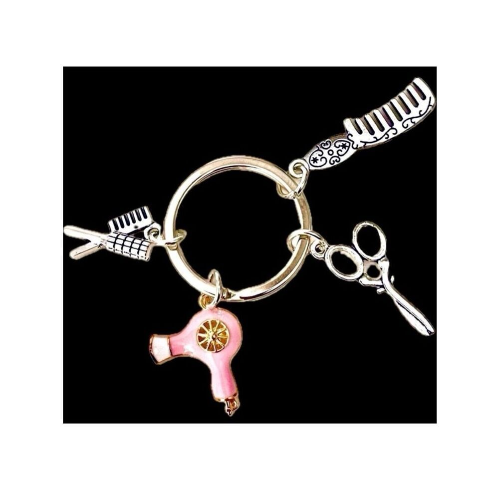 NWT Gorgeous Pink Silver Metal Hairdresser Hairdryer Scissors Keyring Key holder